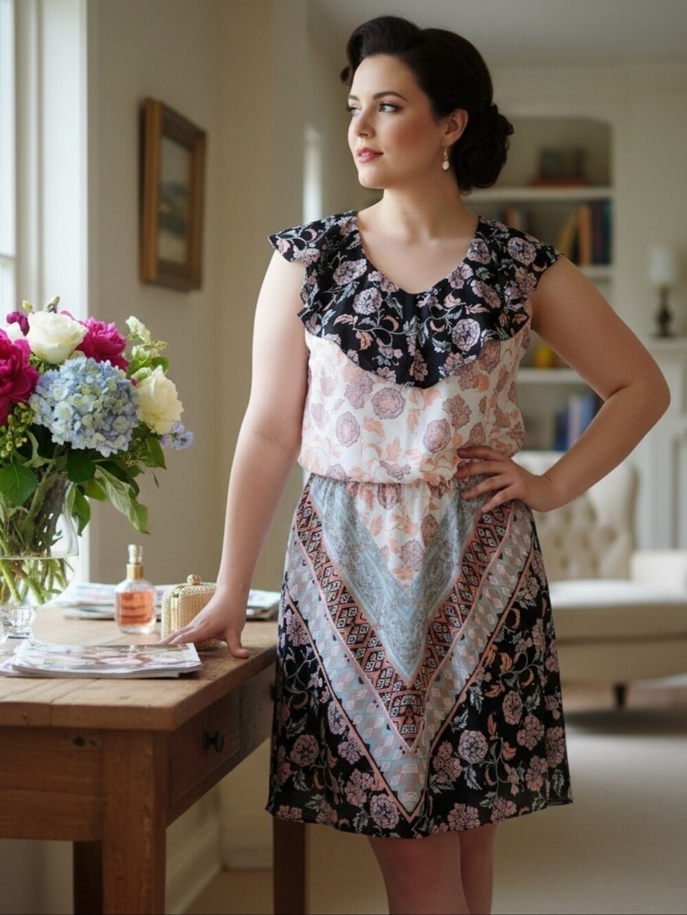 My Michelle Bohemian Black & Blush Floral Boho Tying V-Back Mini Dress Size XL